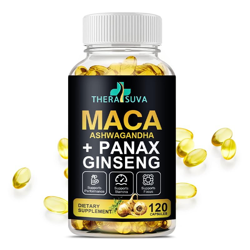 3 en 1 Ashwagandha + Maca Root + Panax Ginseng - Supplément naturel pour l'énergie, l'endurance et le stress support, 120 Softgels