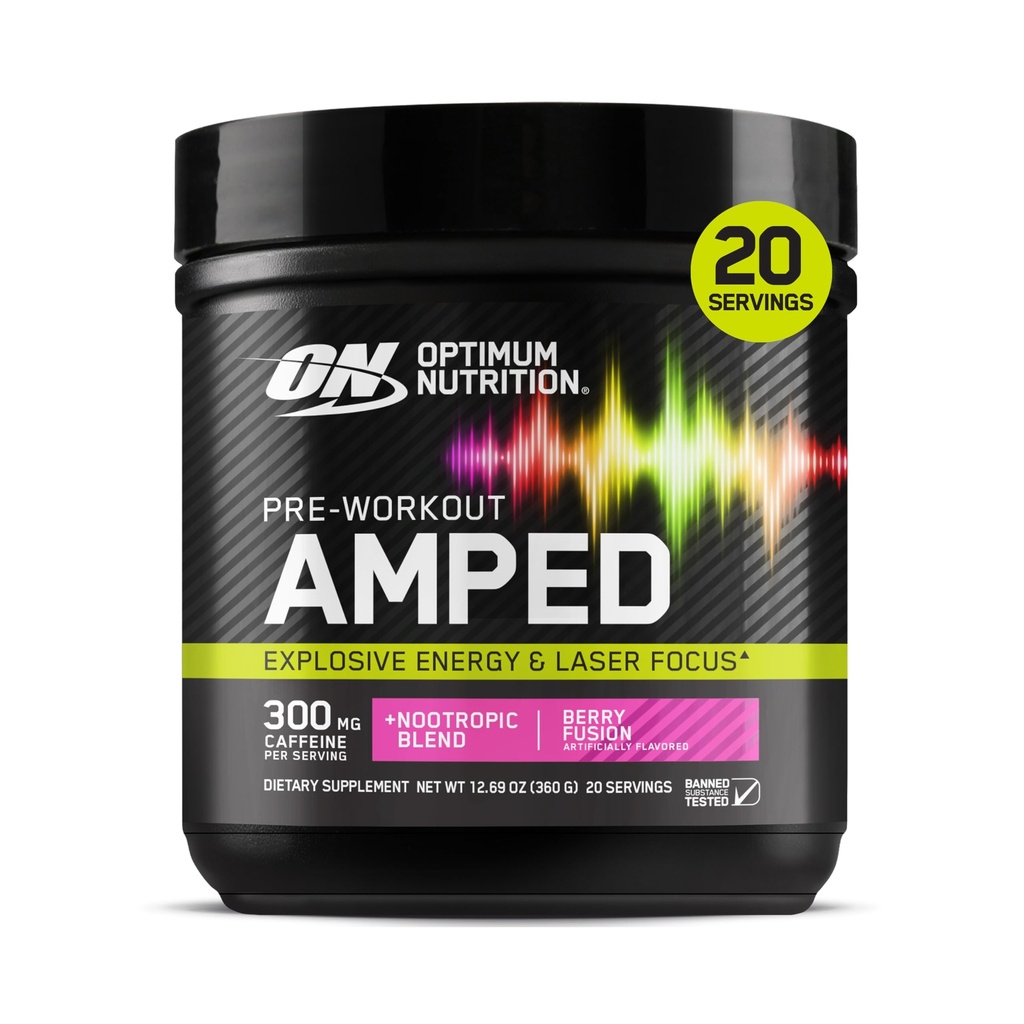 Optimum Nutrition Amped Pre-Workout, mit Citrulline, Beta-Alanin, Nootropics und 300mg Koffein für Energie, Berry Fusion, 20 Portionen (Packaging May Vary)