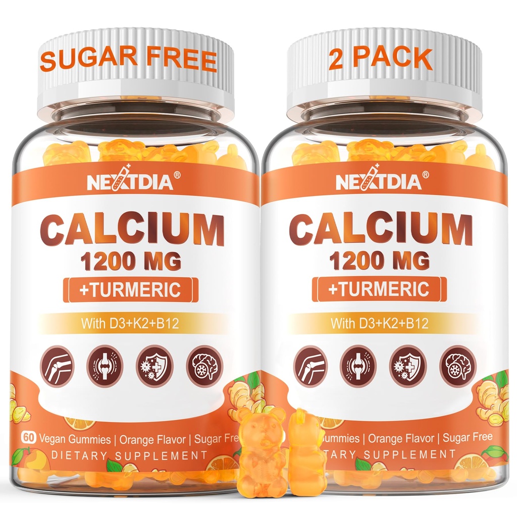 Calcium 1200 mg avec vitamine D3 Gummies - Calcium + Supplément curcuma pour les femmes et les hommes avec vitamine K2 B12 - Soutien os et muscles - Sans sucre - Vegan (120 Nombre)