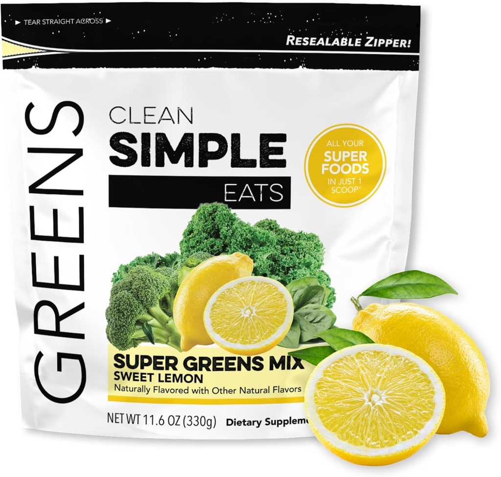 Reinigen Sie einfache Eats Super Greens Pulver, Natürlich aromatisierte Grüns Pulver mit Chlorella, Spirulina, Superfoods & Prebiotic Fiber, keine künstlichen Zutaten, Glutenfrei, Süße Zitronengeschmack, 30 Servierungen