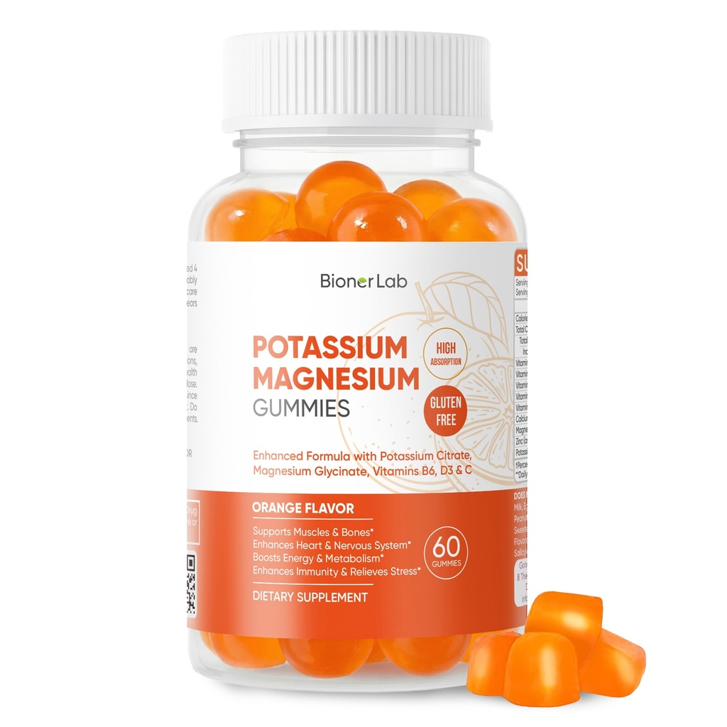 BionerLab Kalium Magnesium Gummi mit Vitamin D3 B6 C - Hohe Absorption Kalium 99mg Magnesium Glycinat 250mg Kaubare Ergänzungen für Frauen Erwachsene Kinder