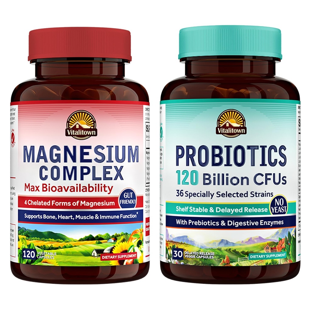 Vitalitown Magnesium + Probiotic Bundle (Pack of 2) | Magnesium Complex (Item 1) & Probiotics 120 Billion CFUs (Item 2) | 120 Magnesium Capsules & 30 Probiotic Capsules