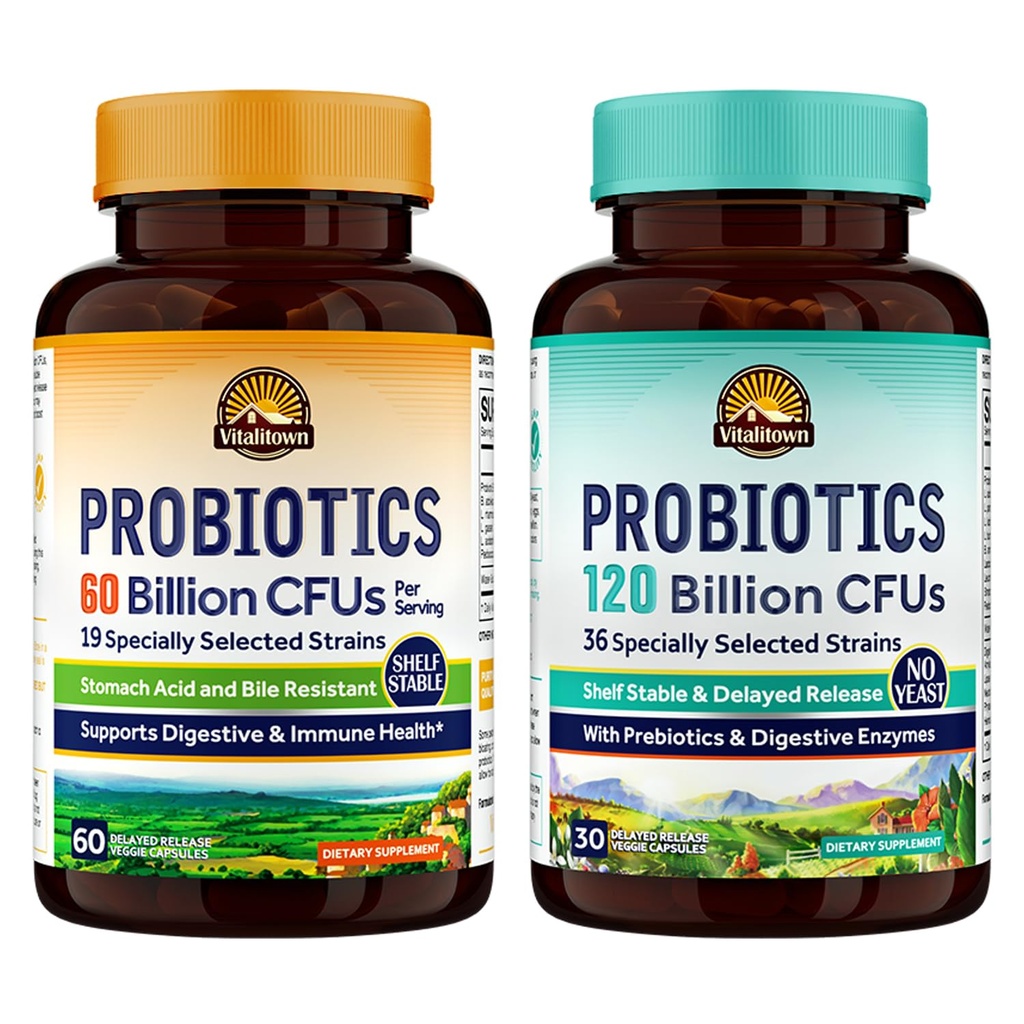 Vitalitown Probiotic Bundle (Pack of 2) | Probiotics 60 Billion CFUs (Item 1) & Probiotics 120 Billion CFUs (Item 2) | Shelf Stable | Digestive & Immune Health | 30 Day Supply Each