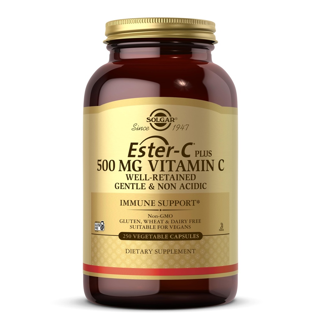 Solgar Ester-C Plus 500 mg Vitamin C (Ascorbat-Komplex), 250 pflanzliche Kapseln - Gentle & Non Acidic - Antioxidans & Immununterstützung - Non GMO, Vegan, Glutenfrei, Kosher - 250 Servierungen