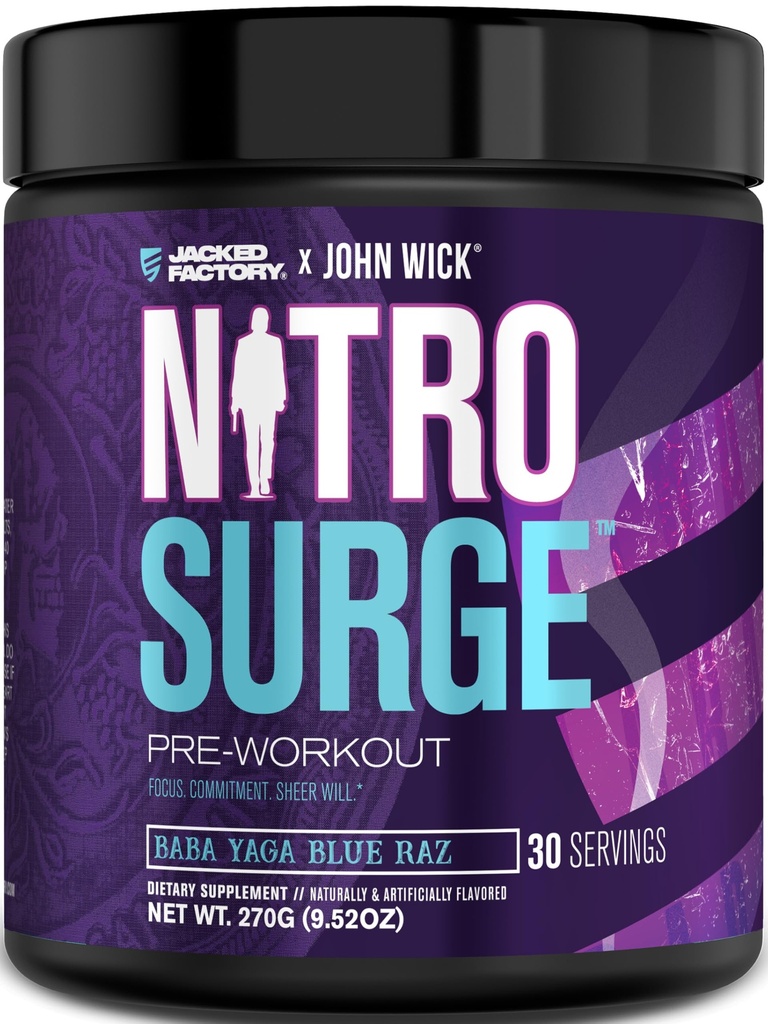 Jacked Factory X John Wick - Supplément d'entraînement avant Nitrosurge Wick - Intense énergie, Battle-Ready Focus, Inarrêtable Engagement, et Sheer Will - 30 services, Baba Yaga Blue Raz