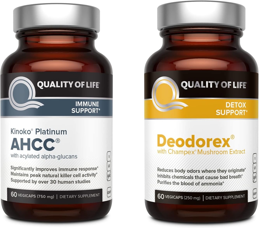 Qualité de vie All Natural Immune Support and Detox Bundle - Kinoko Platinum AHCC Mushroom Extract - Deodorex Detox Support Supplément