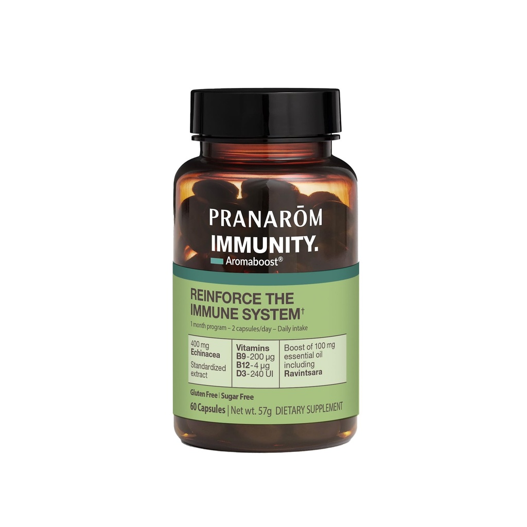 Pranarom Aromaboost Immunity Herbal Supplement 60 ct | Black cumin, echinacea, vitamins B9, B12 & D3 and ravintsara essential oil to support natural immune defenses.