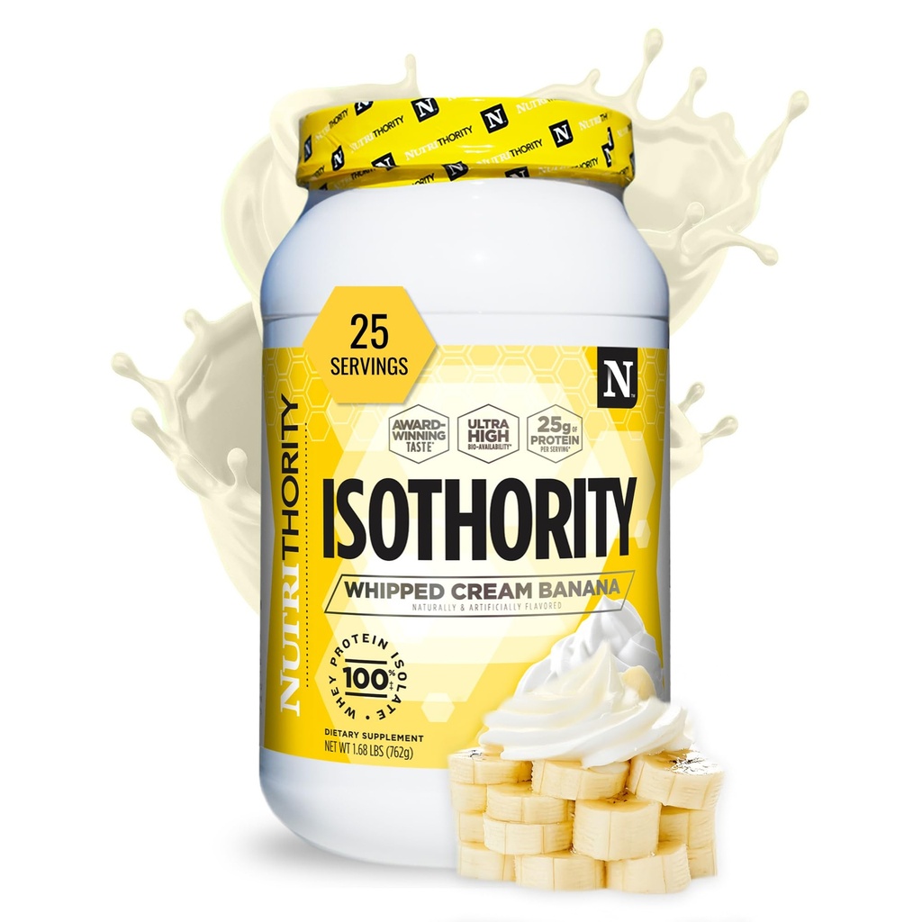 Isothority Whey Protein Isolate, Crème fouettée Banana, 2 lb - Acides aminés à chaîne ramifiée ultra absorbante (BCAA) Poudre avec 25 g de protéines par portion, faible teneur en glucides - construire des muscles et accélérer la récupération