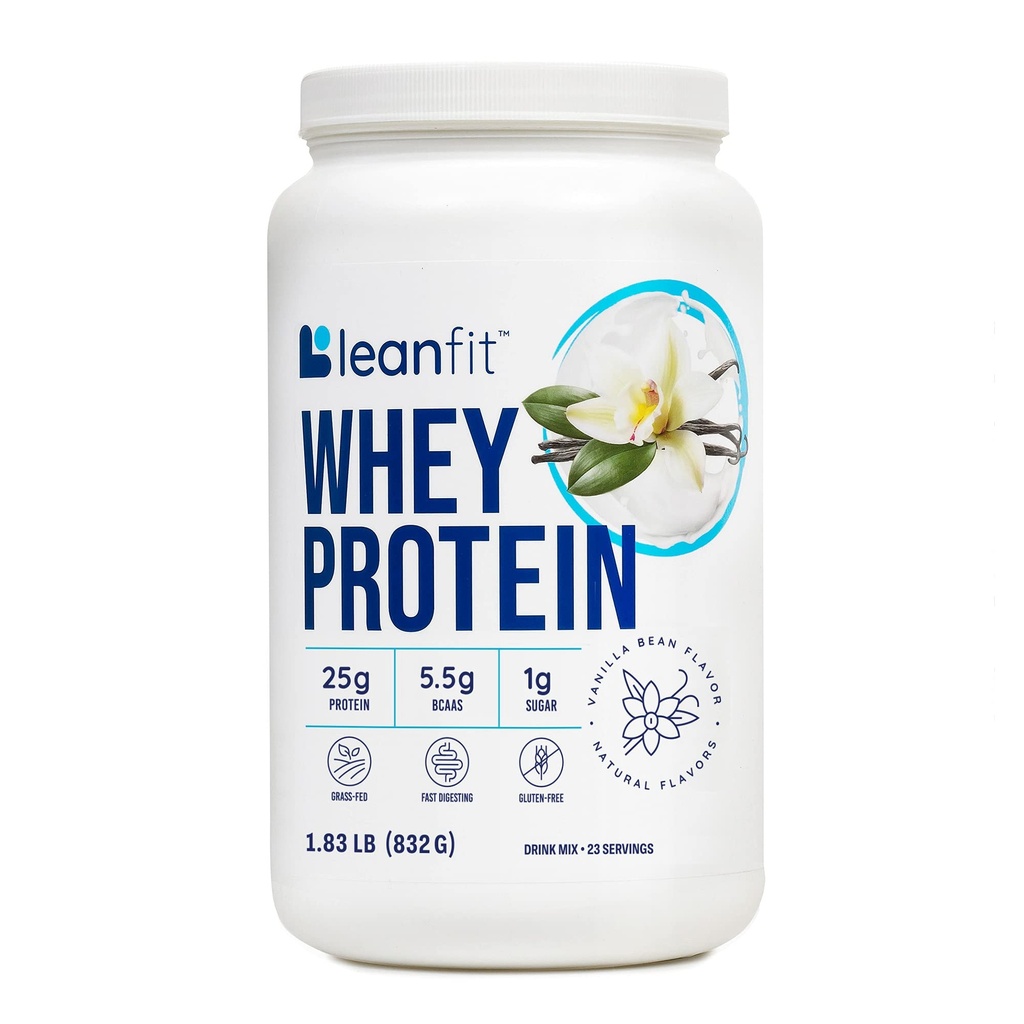 LeanFit Whey Protéine Vanille naturelle – 100% Whey Protéine Poudre, 24g Protéine par portion – Herbe-Feed, sans gluten, faible glucides, BCAAs, acide amino – 23 portions, 1,83 livre Tub