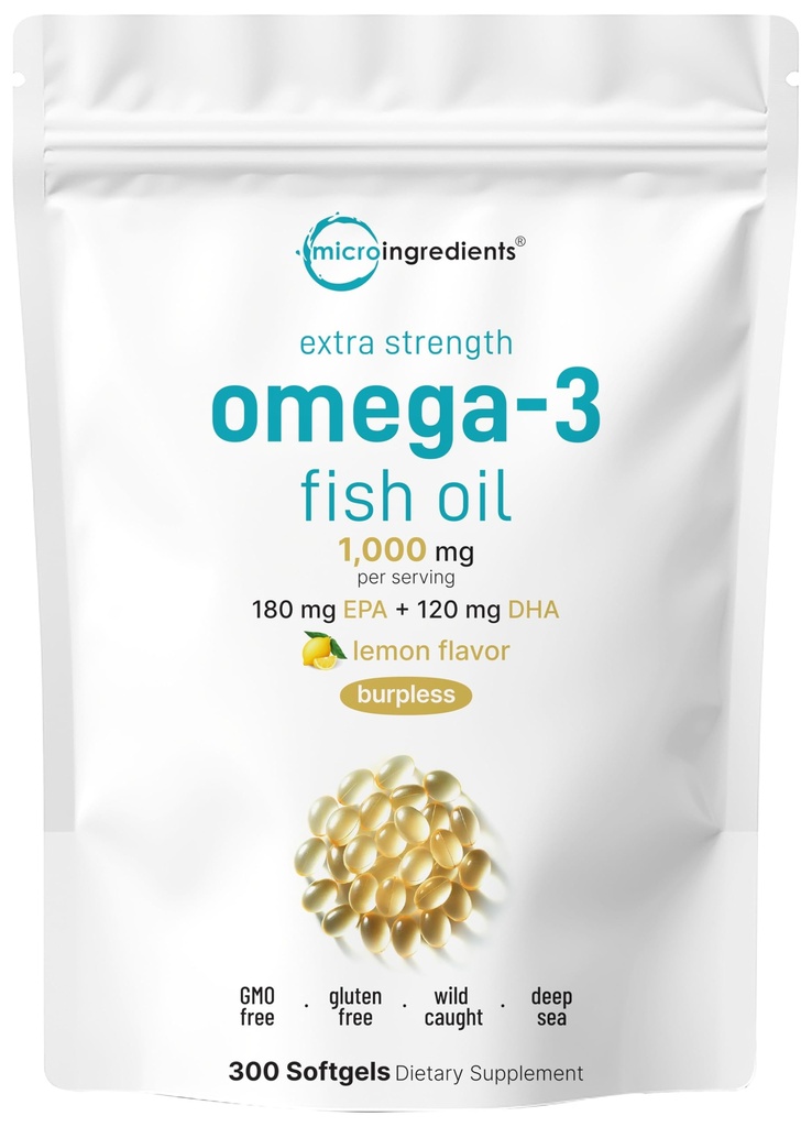 Micro Ingredients Extra Strength Omega 3 Fischöl ergänzt 1.000mg pro Portion, 300 Softgels | Zitrone aromatisiert | Burpless | EPA 180mg + DHA 120mg | Tiefseefisch
