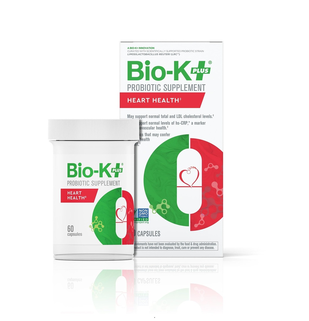 Bio-K+ Probiotics for Heart Health with Limosilactobacillus reuteri LRC – Heart Health Probiotic for Cholesterol & Cardiovascular Support, 5 Billion CFU, Vegan, Shelf-Stable – 60 Capsules