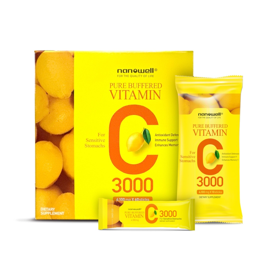 NANOWELL Pure Buffered Vitamin C 3000 mg pro Servierung, Nahrungsergänzung für Immununterstützung - 60 Sticks x 1 Box, 2 Monate Versorgung (60 Count)