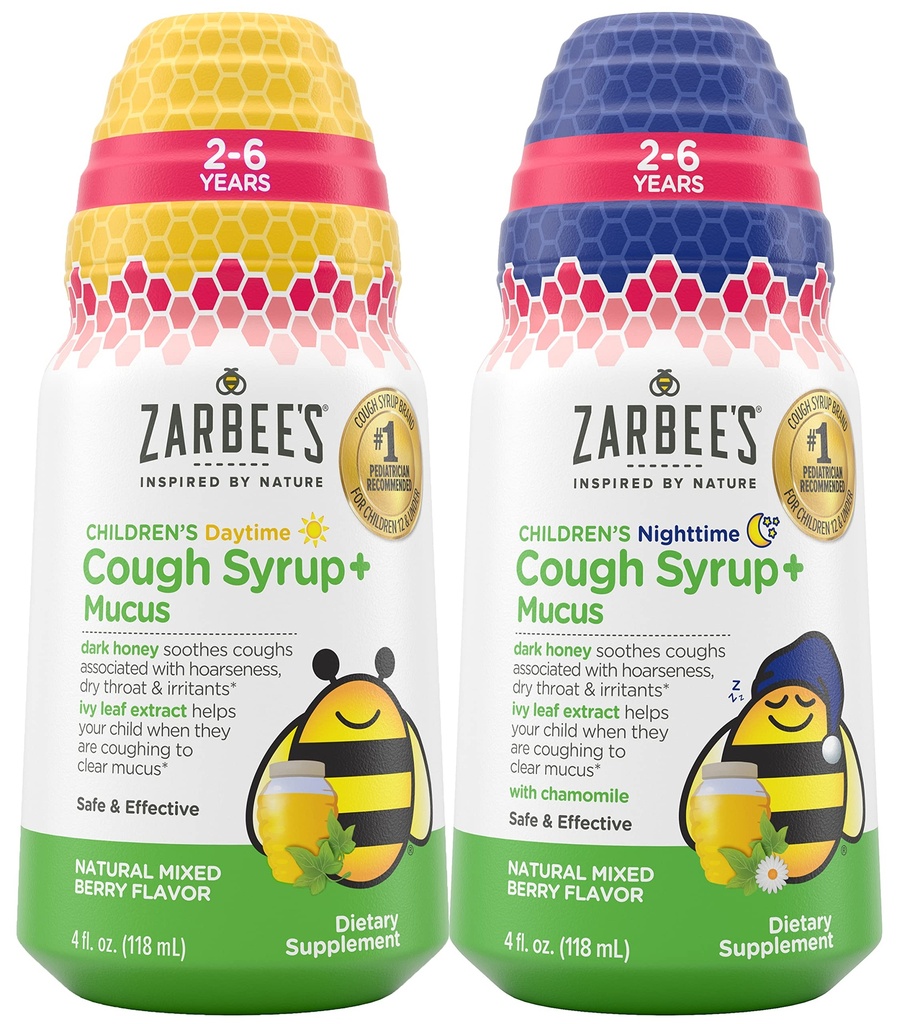 Bundle of Zarbee's Kids Cough + Mucus Daytime and Nighttime for Children 2-6 with Dark Honey, Ivy Leaf, Zinc & Elderberry, 1 Pädiatrie Empfohlen, Drug & Alcohol-Free, Mixed Berry Flavor, 4FL Oz