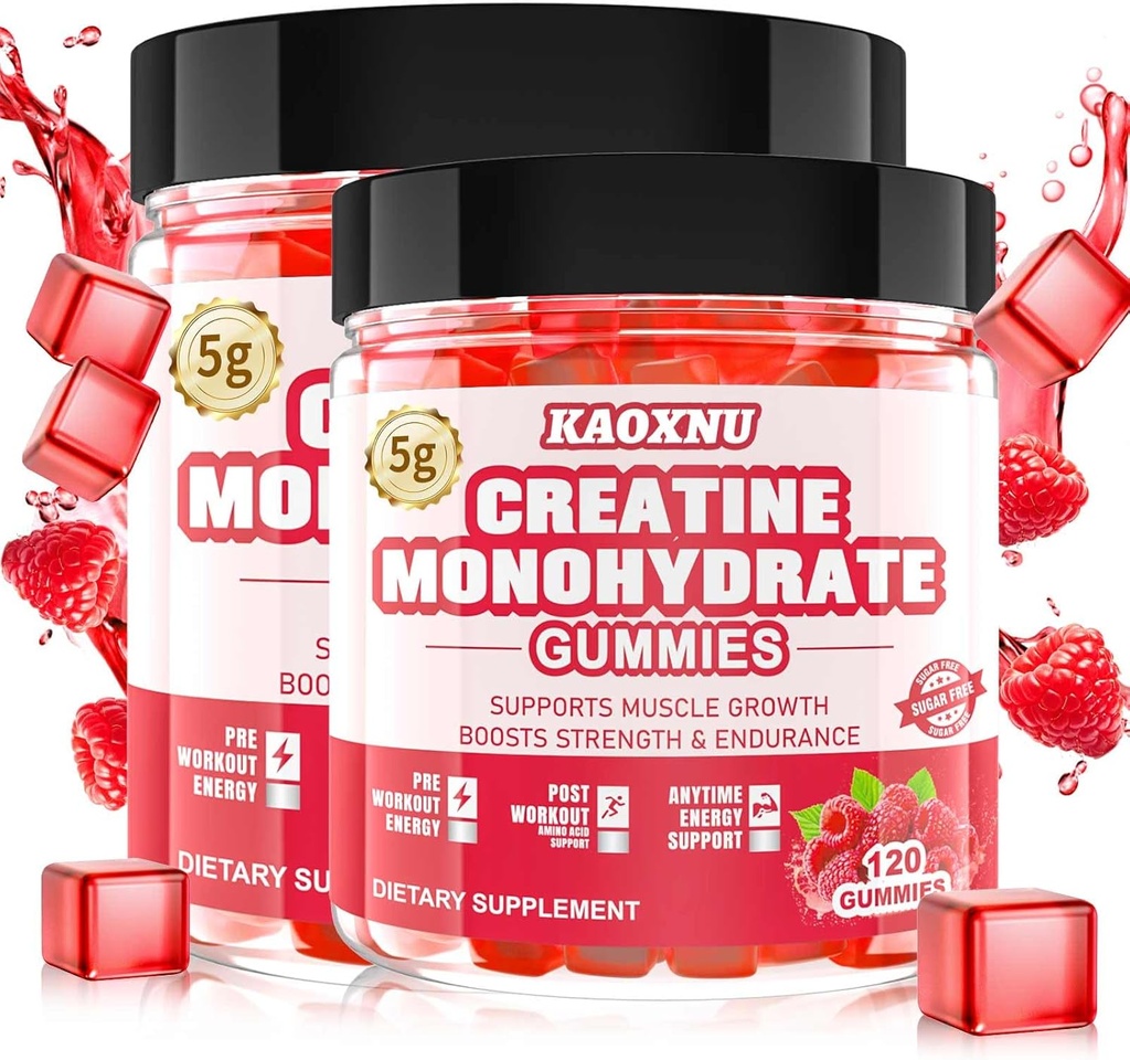 2 Pack Creatine Monohydrate Gummie für Männer & Frauen 120 CT - 5000mg Creatine Monohydrat pro Servieren - Sugar Free Chewable Creatine für Muskelkraft, Muskelaufbau, Energie Boost