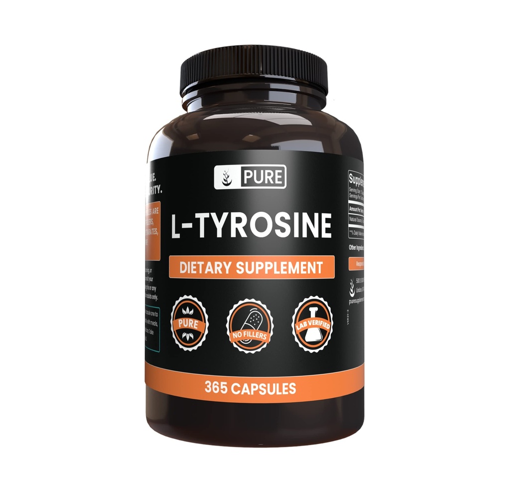INGRÉDIENTS ORIGINAUX DE PURE L-Tyrosine (365 Capsules) Pas de magnésium ou de poudre de riz, toujours pur, labo vérifié