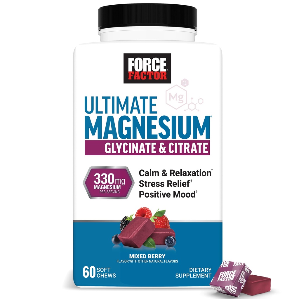 Force Factor Ultimate Magnesium Supplement, 330mg Magnesium Glycinate & Magnesium Citrate, Like Magnesium Gummies, Support Calm, Relaxation, Vegan & Gluten Free, Mixed Berry Flavor, 60 Soft Chews