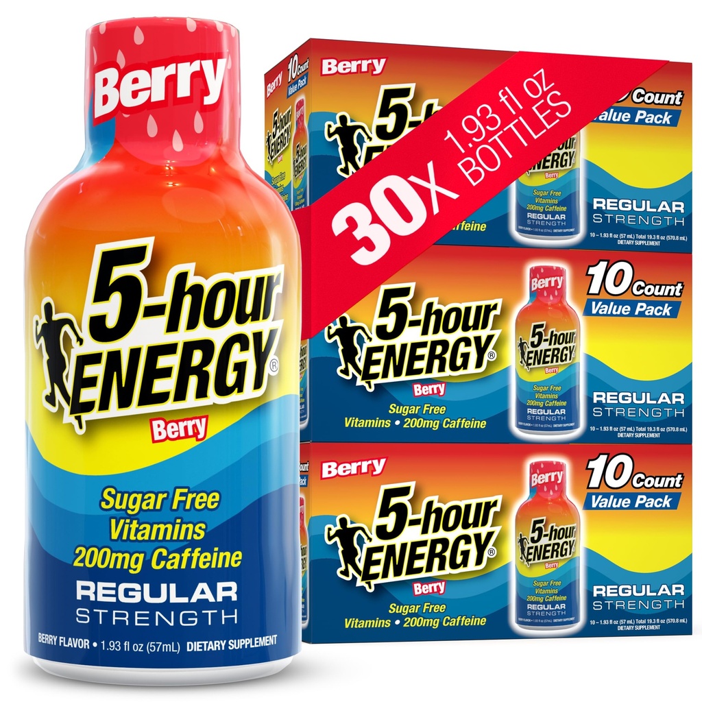 5-stündige ENERGIE Shots Regular Strength, Berry Flavor, 30 Count, 1.93 Fl Oz, Sugar Free, Zero Calories, Amino Acids and Essential B Vitamins, Nahrungsergänzung, Feel Alert und Energized, 200 mg Koffein