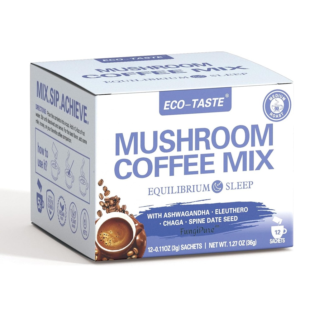 ECO-TASTE Mushroom Coffee Mix, entwickelt für Balance mit Ashwagandha, Eleuthero, Chaga, Spine Datum Samen – 12 Beutel