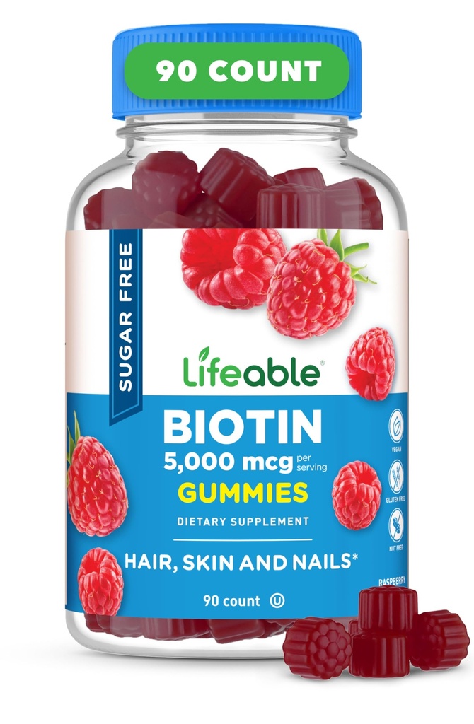 Biotine Lifeable Sans Sucre Gommies de 5000 mcg Vitamine B7: Grand supplément de biotine dégustation pour la croissance des cheveux, la peau et la santé des ongles.
