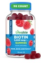 Biotine Lifeable Sans Sucre Gommies de 5000 mcg Vitamine B7: Grand supplément de biotine dégustation pour la croissance des cheveux, la peau et la santé des ongles.