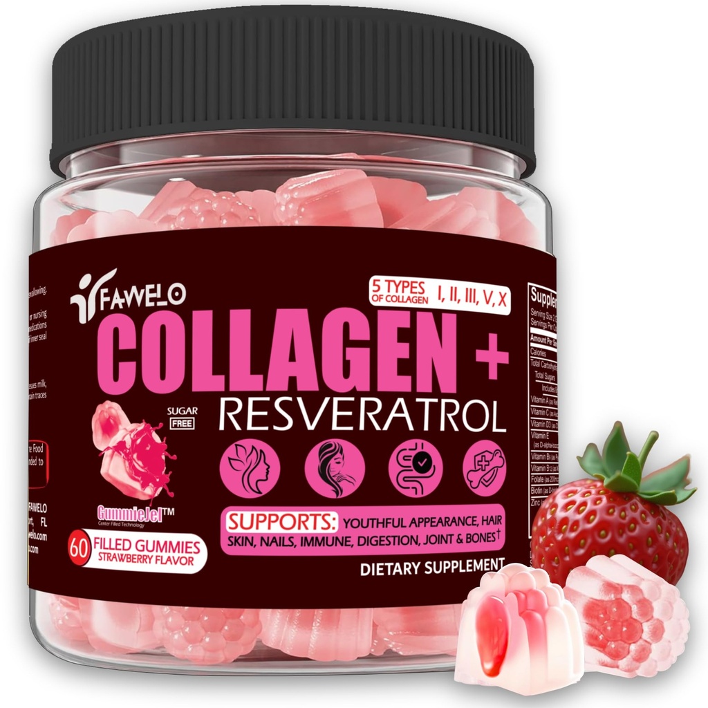 Multi Collagen Gummies Hydrolyzed Type I, II, III, V, X Plus Resveratrol Hyaluronic Acid & Biotin Gummies for Hair Skin and Nails Vitamins | Multi Collagen Peptides | Sugar Free