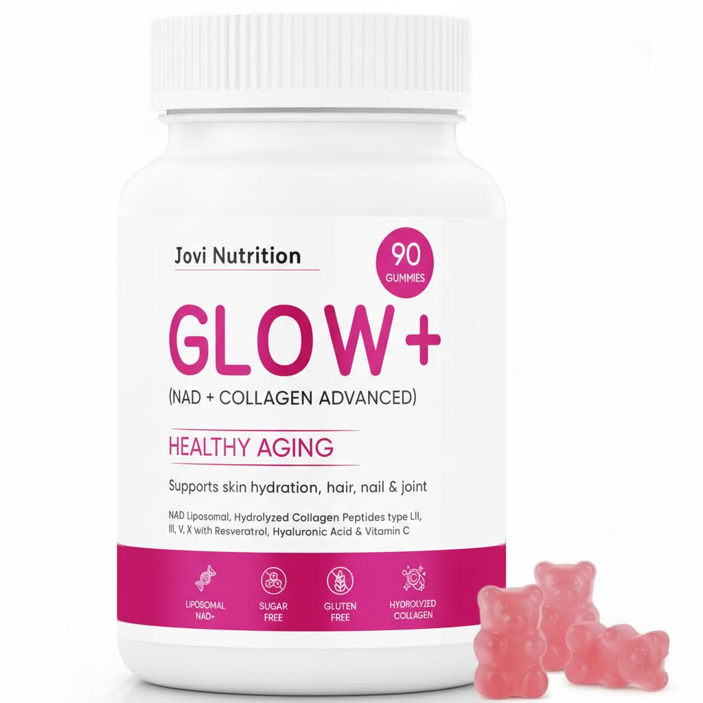 Jovi Glow+ NAD+ & Collagen Gummies, Multi-Type Hydrolyzed Collagen Peptides, Resveratrol, Hyaluronicacid, Vitaminc, Supplement for Skin, Hair, Nails, 90 Count (1, A)