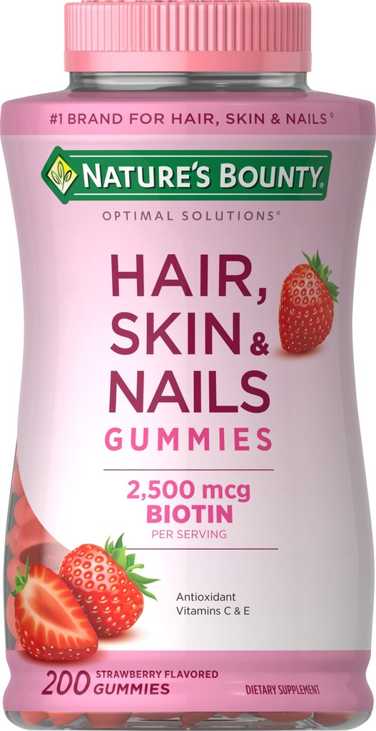 Nature's Bounty Optimal Solutions Cheveux, peau et ongles Gommies avec biotine, 2500 mcg, fraise aromatisée, 200 comte, 100 portions totales