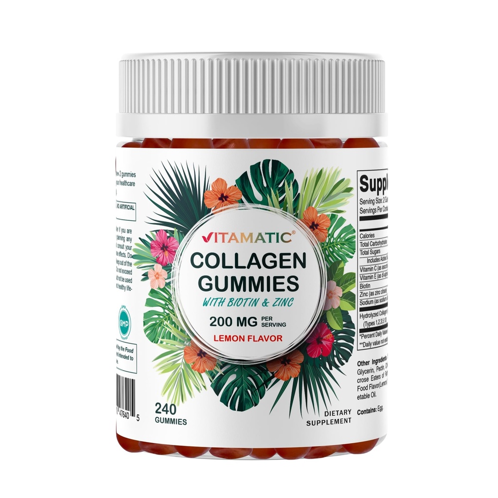 Vitamatic Hydrolyzed Collagen Gummies with Vitamin C, Zinc and Biotin, 200 mg - Healthy Skin Support - 240 Gummies