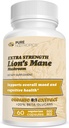 Nootropes purs - Lion biologique de la Mane 8:1 Champignon 500 mg , Extrait double 60 Caps végétariens >20% bêta-glucanes , Héricium erinaceus , Santé du cerveau