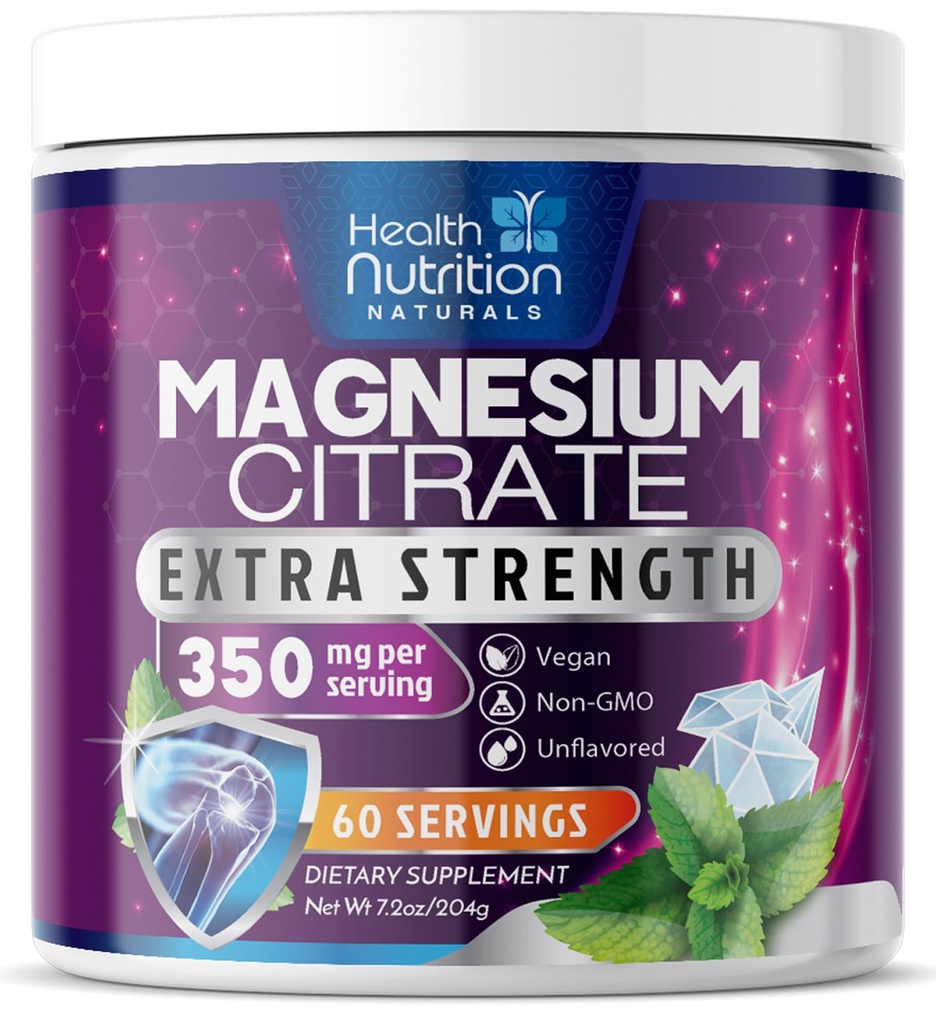 Supplément de citrate de magnésium 350mg - Mélange de poudre de citrate de magnésium non aromatisé - Suppléments Mag Citrate et Aquamin pour os, coeur et soutien musculaire, sans sucre, sans gluten, végétalien - 60 portions