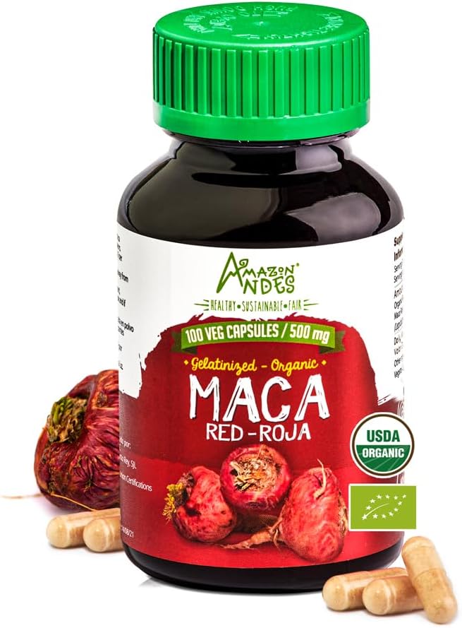 Amazon Andes Red maca Root Capsules - Supplément Santé Femme - Energisant Naturel - Certifié USDA NOP - Genitalized, Non GMO & Gluten Free - 100 pilules Vegan (1500mg par portion) - Fabriqué au Pérou