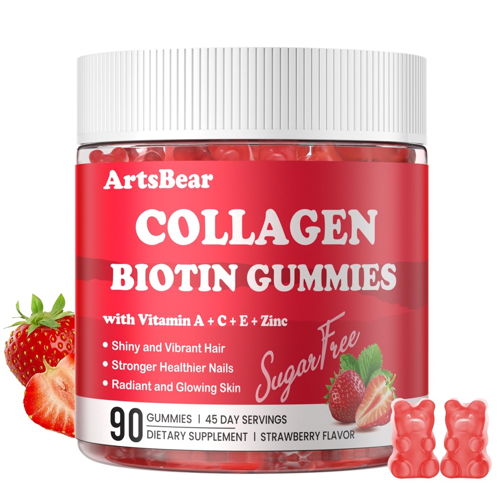 Collagen Gummies with Vitamins C, A, E, Zinc & Biotin – Hydrolyzed Collagen Peptides for Skin, Hair & Nails Support – Sugar-Free, Strawberry Flavor – 90 Gummies