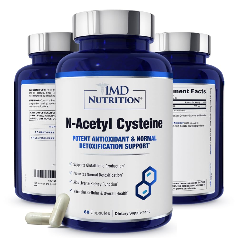 1MD Nutrition NAC Supplement N-Acetyl Cystein - NAC 600 mg - Antioxidans unterstützt Detox und Glutathion Produktion - N Acetylcystein Respiratory Supplement für Lung Health - 60 Kapseln