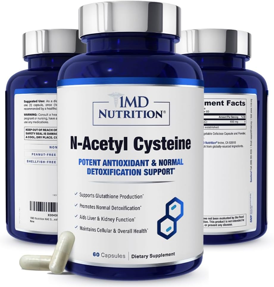 1MD Nutrition NAC Supplement N-Acetyl Cystein - NAC 600 mg - Antioxidans unterstützt Detox und Glutathion Produktion - N Acetylcystein Respiratory Supplement für Lung Health - 60 Kapseln