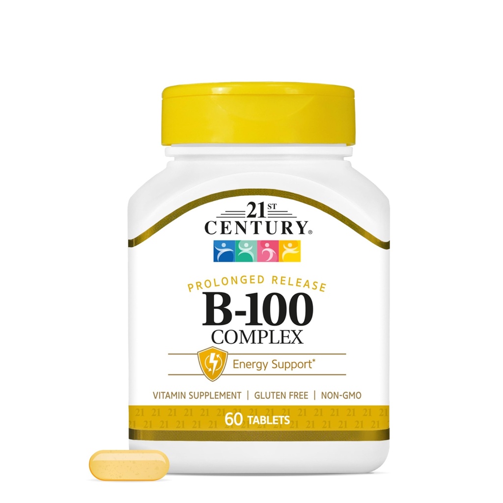 Comprimés à libération prolongée du complexe B-100 du 21e siècle, compte de 60 (paquet de 1), complexe de vitamine B à haute puissance pour système nerveux, soutien énergétique, comprend vitamine B1, B2, B6, biotine et calcium