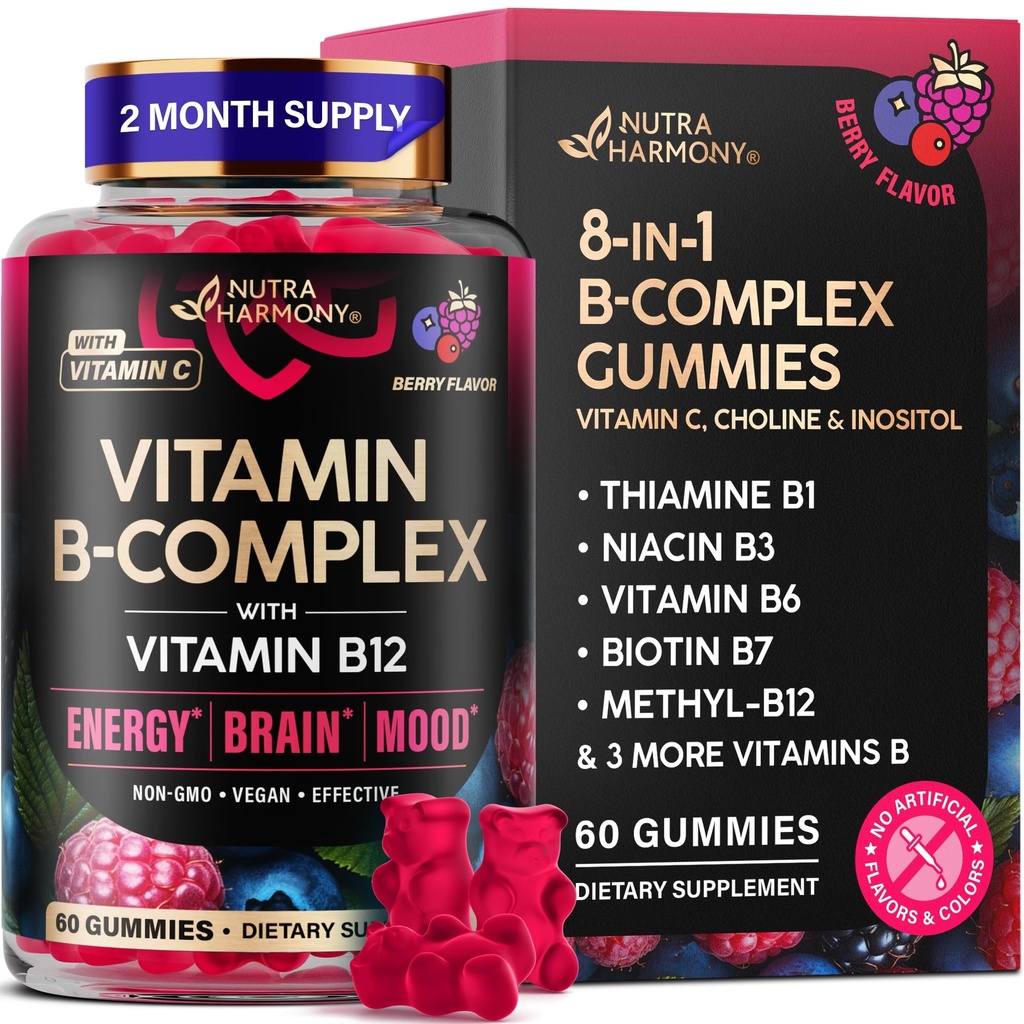Vitamin B-Komplexe Gummie für Damen und Herren - Vitamin B12, B1, B2, B3, B5, B6, B7 & B9 - B Complex mit Vitamin C & Choline - Energie, Gehirn & Stimmung - Natürliche Berry Flavor, Vegan - 60 Gummie für 2 Monate