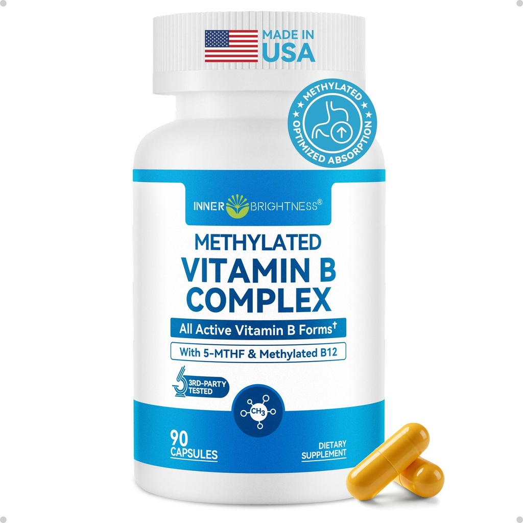 Innere Helligkeit Vitamin B Complex - Voll methylierte aktive B12, B6, Folate - für Energie, Fokus, Mood & Nerve Gesundheit - Non-GMO Vegan Gluten-Free mit B1, B2, B3, B5, B7-90 Kapseln für 3 Monate
