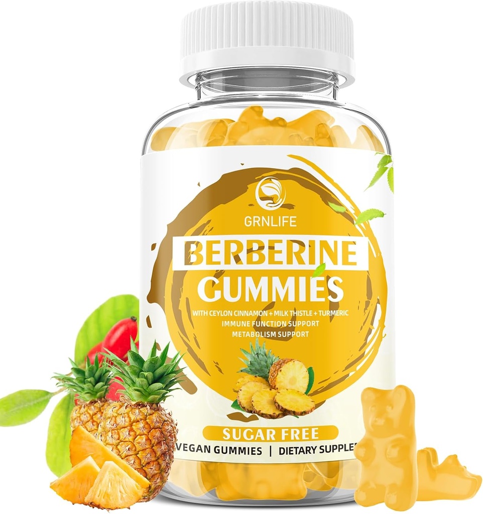 Berberine Gummis mit Ceylon Cinnamon 1500mg Hohe Potenz Berberine HCL-Ergänzung für Immun- und Stoffwechselunterstützung, Sugar Free, Ananas Flavor - 60 Count