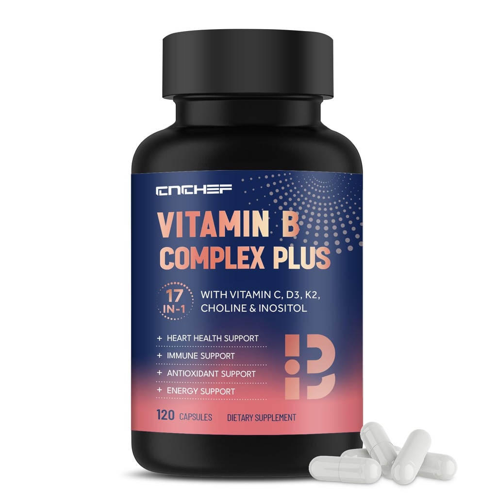 17-in-1 Vitamin B Complex Plus – Vitamin B1, B2, B3, B4, B5, B6, B7 (Biotin), B8 (Inositol), B9, B12, C, D3, K2, Energie, Immune, Haut, Nerve-Unterstützung für Männer & Frauen - 120 Kapseln