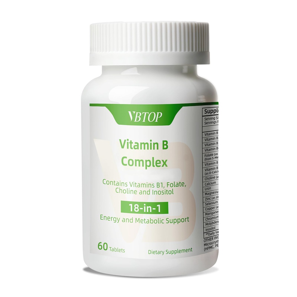 Vitamin B-Komplex, mit Vitaminen B1, B2, B3, B5, B6, B12, Folsäure, Cholin, Zink, Calcium, Inositol, für Gehirn- und Herzgesundheit, Immungesundheit und Cellular Energy Support, 60 Tabletten