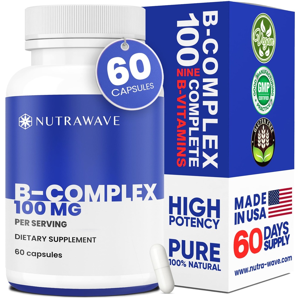 Nutrawave Vitamin B Komplex - Super B-100 Vitamine Ergänzung für Frauen und Männer mit B1, B2, B3, B5, B6, B7, B9, B12, Cholin & Inositol - Unterstützt Energie & Nervensystem - Nicht-GVO, Vegan - 60 Kapseln