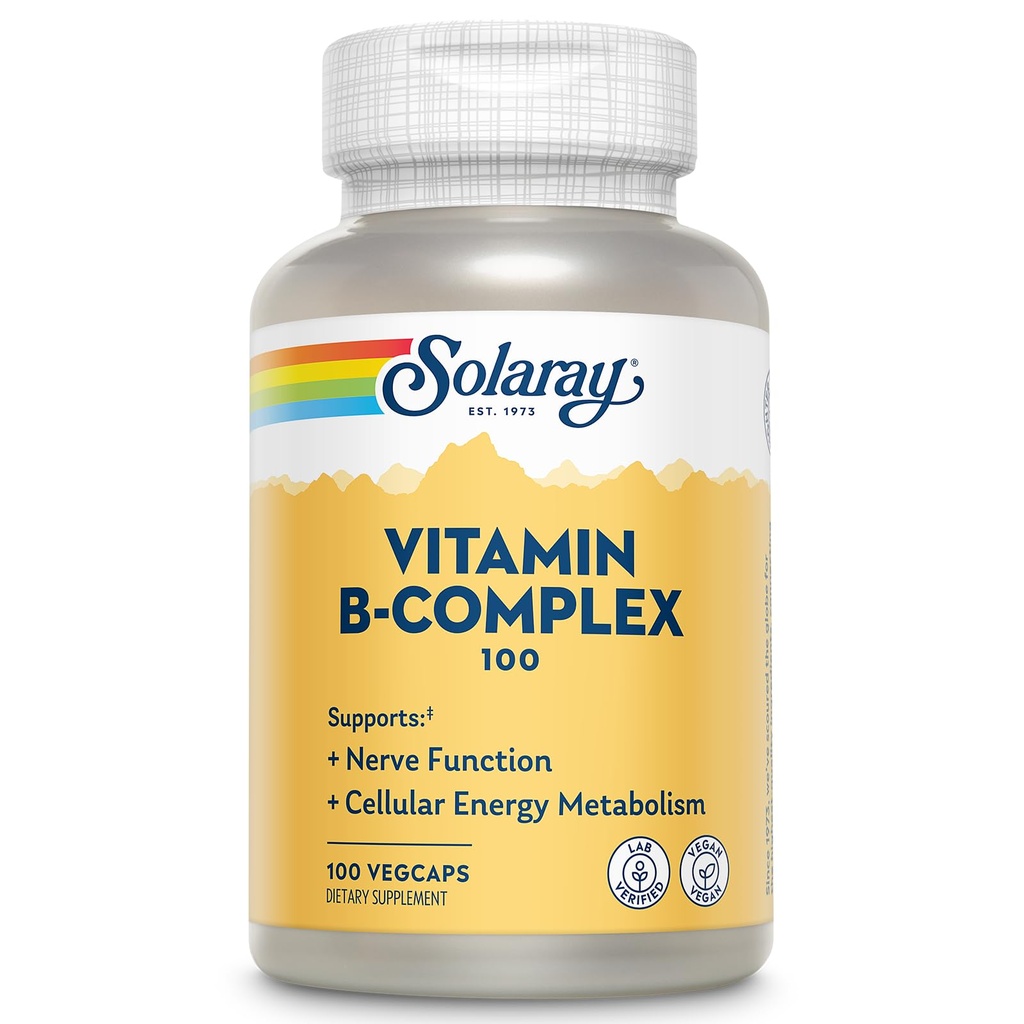 SOLARAY Vitamin B Complex 100mg - Cellular Energy, Nerve and Heart Health Support - Supplies All 8 B Complex Vitamins - Vitamin B12, B1, B2, B3, B6, Niacin, Folsäure und Biotin - Vegan, 100 Servierungen