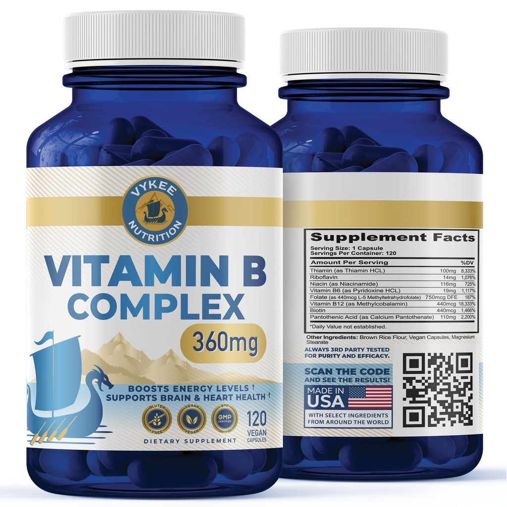 Vykee Nutrition B Complex Supplement – High-Potency B Vitamine mit 750mg DFE Folate, 440mcg B12/Biotin | Vegan Non-GMO | Unterstützt Cellular Energy Production & Red Blood Cell Formation | 120 Kapseln