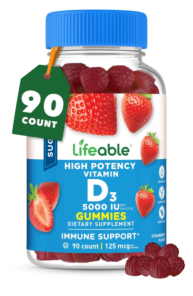 Vitamine D 5000 UI sans sucre - Supplément Gommy au goût naturel - Végétarien sans gluten sans OGM - pour le soutien immunitaire et la santé des os - pour les adultes - 90 Gommies