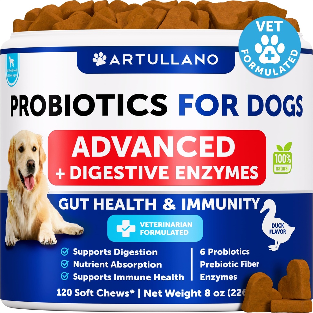 Probiotika für Hunde - Unterstützung Gut Gesundheit, juckende Haut, Allergien, Immunität, Hefe Balance - Hundeprobiotika und Verdauungsenzyme mit Präbiotika - Reduzieren Sie Durchfall, Gas - 120 Probiotika für Hunde