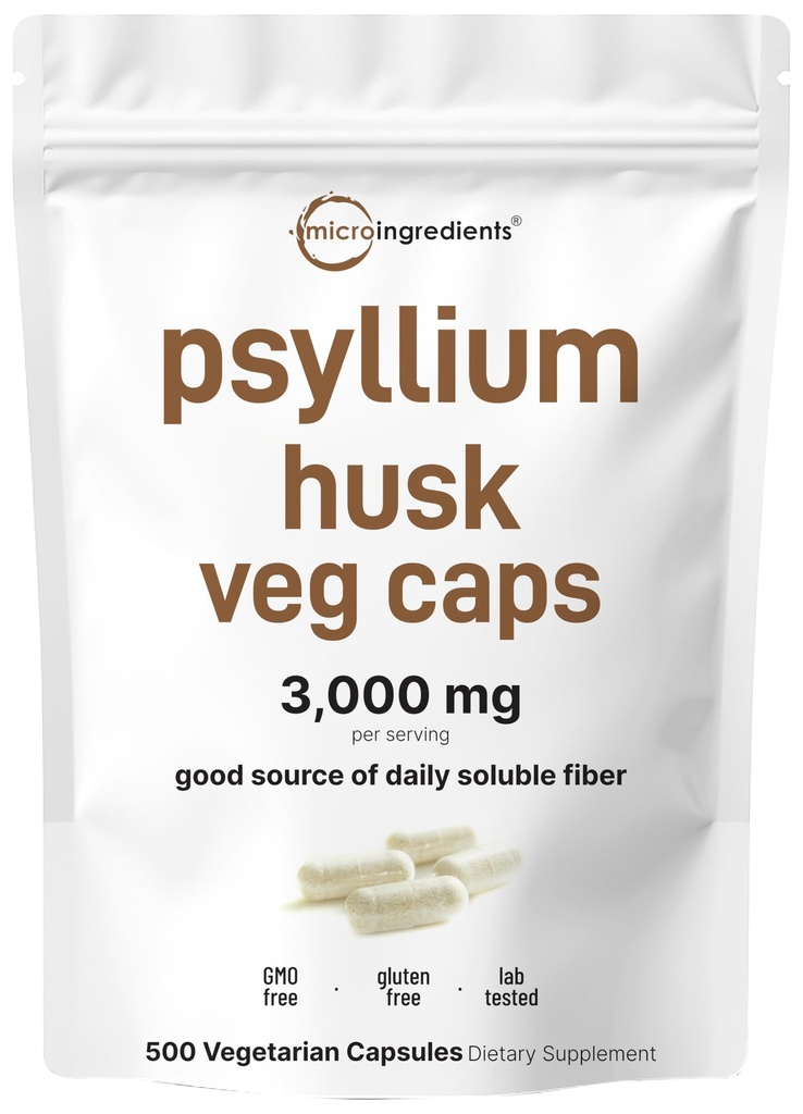 Micro Ingredients Psyllium Husk Capsules 3000mg, 500 Veg Caps | Soluble Fiber Supplement for Women & Men | Natural Prebiotics & Probiotics Fiber Supplements for Gut & Digestive Health | Non-GMO