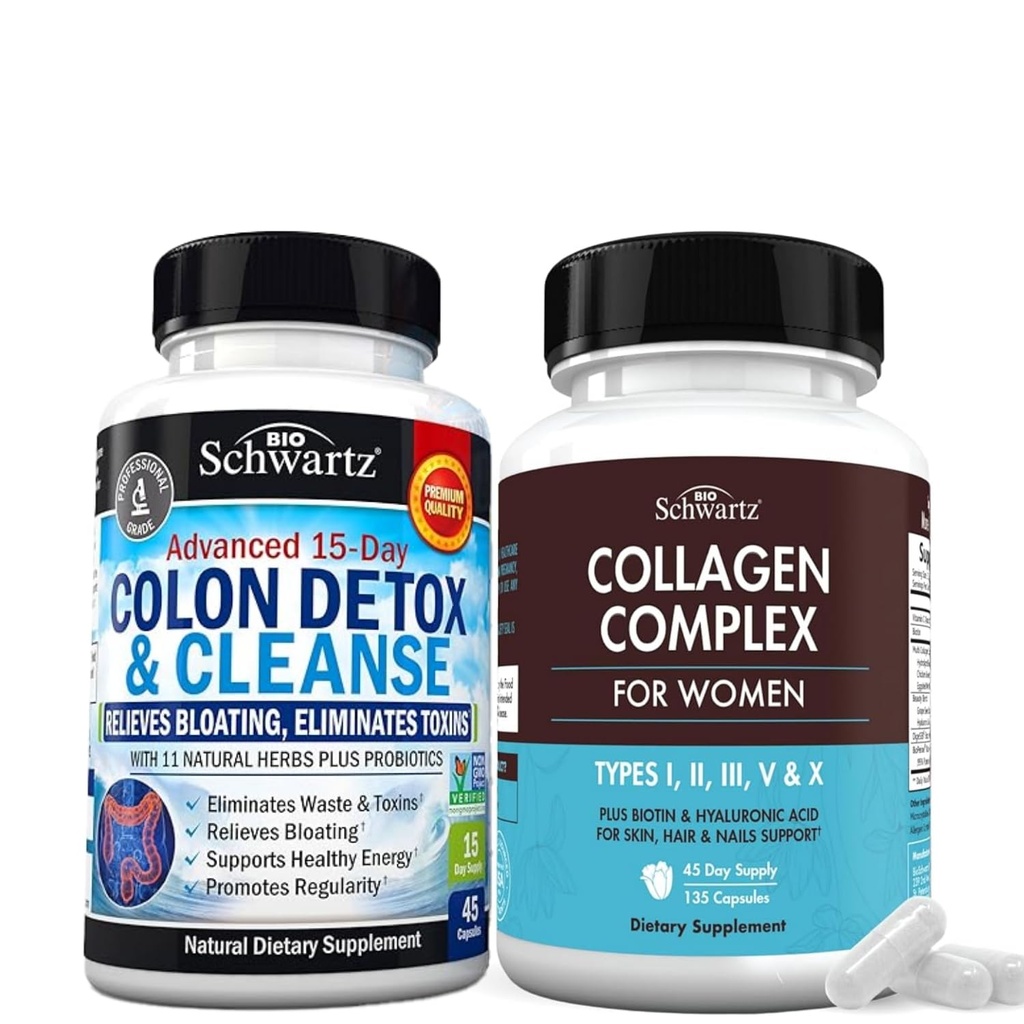 BioSchwartz 15 Tage Reinigung für Colon und Gut Health Plus hydrolysierte Collagen Peptid Kapseln (45 Tage Versorgung)