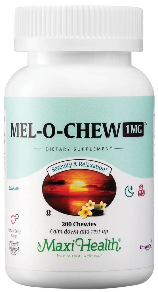 Maxi Health Melatonin 1mg Kaubar - Schlafhilfe Melatonin zur Förderung des natürlichen Schlafes - Nahrungsergänzungsmittel ohne Lebensraum mit Enzymax für schnell wirkende Unterstützung koscher (200 Einheiten)