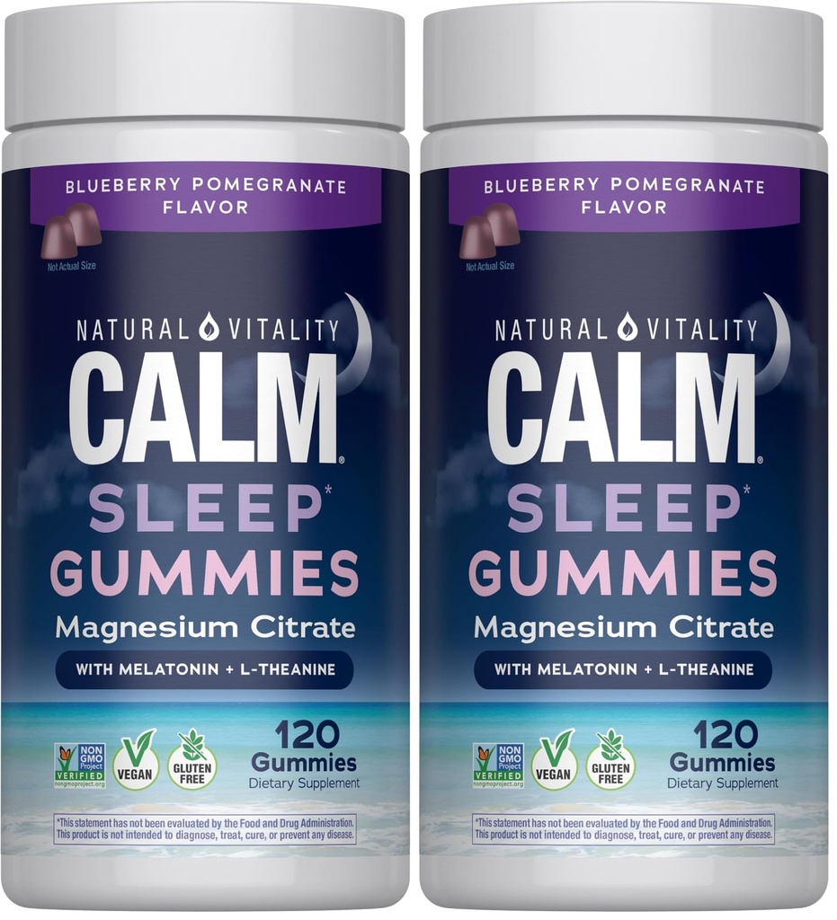Natürliche Vitalität Schlafgummis, Magnesium-Ergänzung mit Melatonin und L-Theanin, vegan, glutenfrei, hilft dem Körper, in den Schlaf zu kommen, Blaubeergranat, 120 Zählung (Paket von 2)