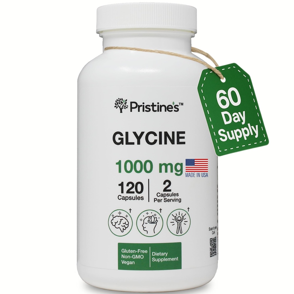 PRISTINE'S Glycine 1000MG Amino Acid Sleep Support Supplément Capsules - 60 jours d'approvisionnement - Recovery musculaire, collagène et supplément de soutien au rein - Vegan, non OGM, sans gluten